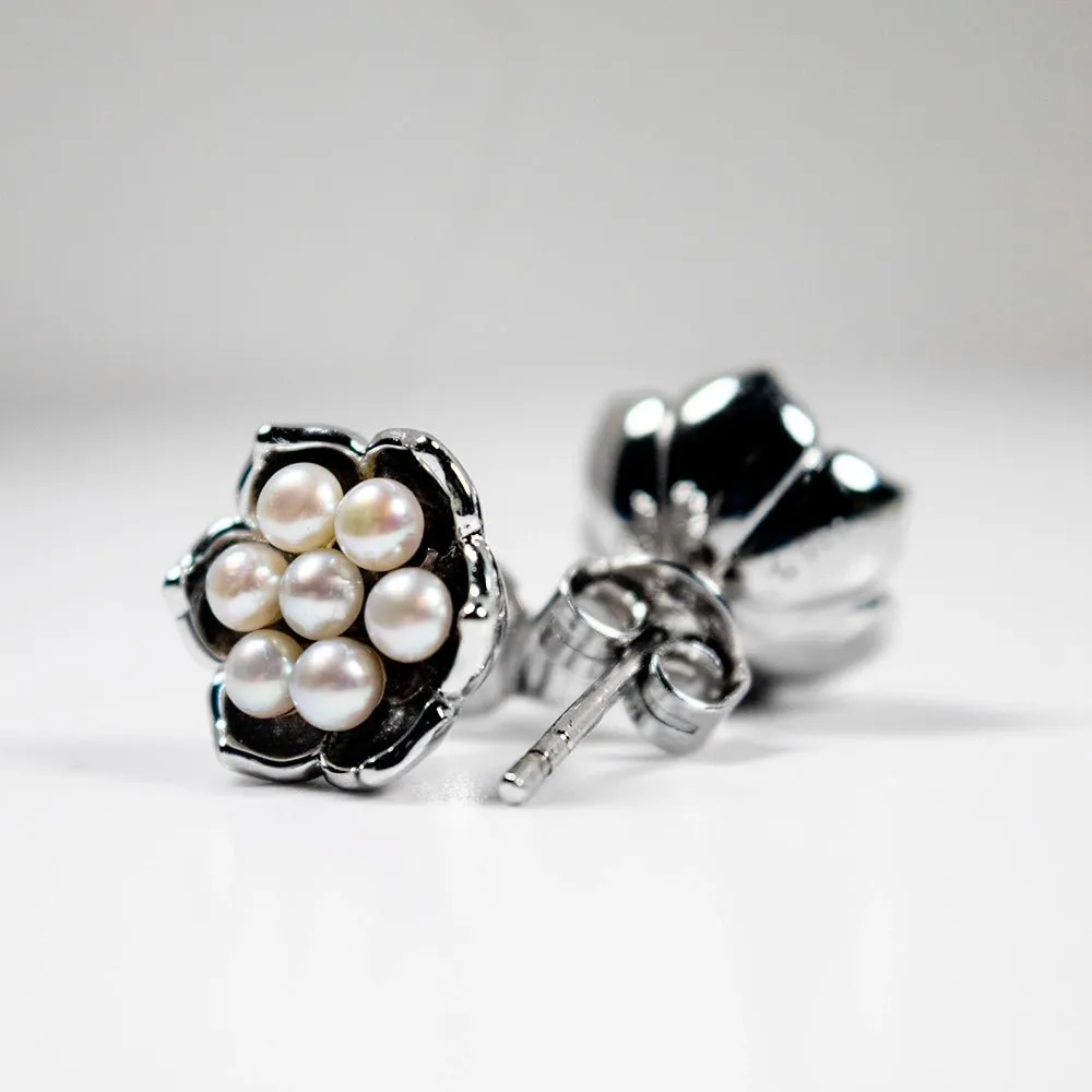 Royal Pearl Flower Stud Earrings in Sterling Silver