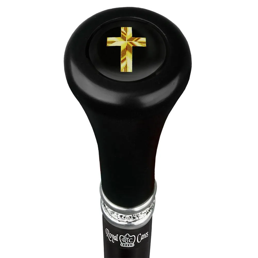 Scratch and Dent Christian Cross Symbol Top Walking Stick w/ Black Beechwood Shaft & Pewter Collar V2184