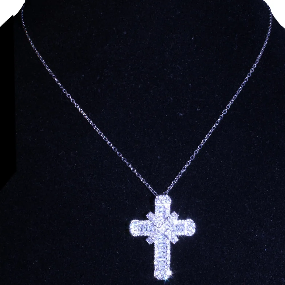 Shiny Silver Plated Cubic Zirconia Cross Necklaces for Christian Women 3