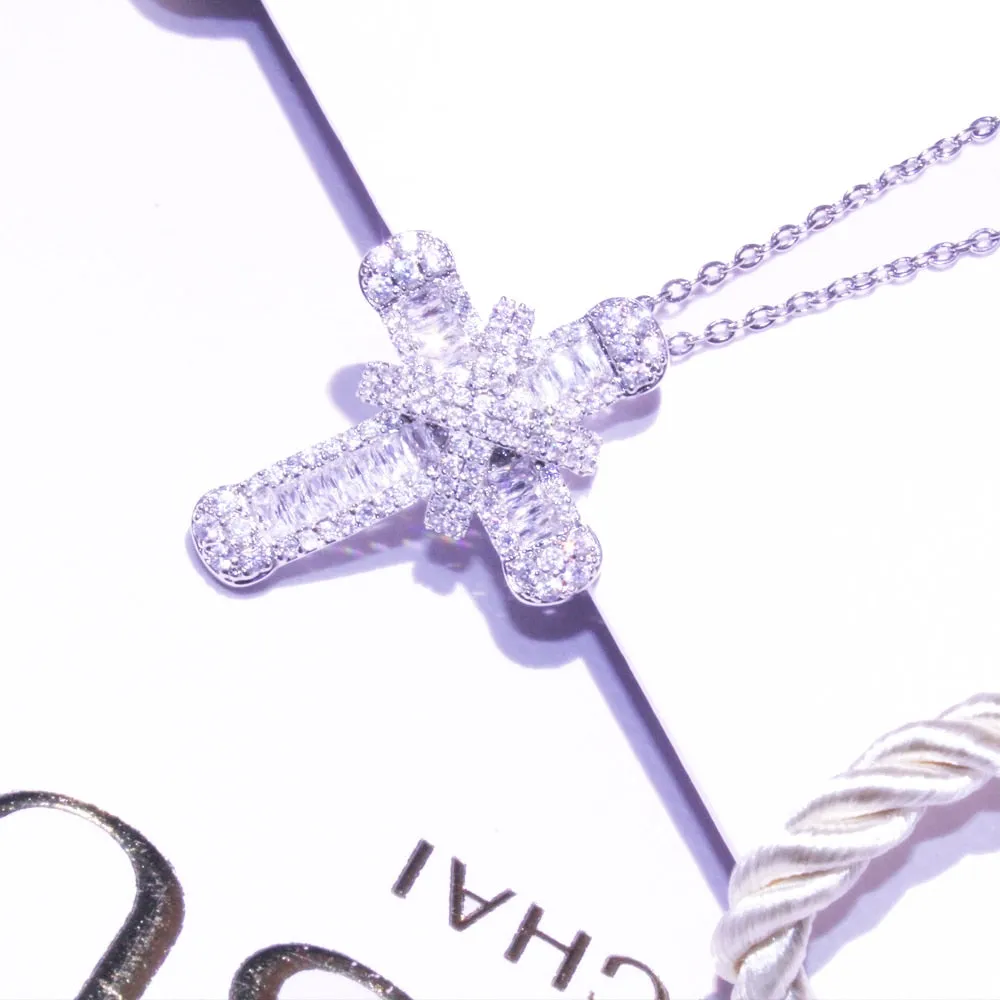 Shiny Silver Plated Cubic Zirconia Cross Necklaces for Christian Women 3