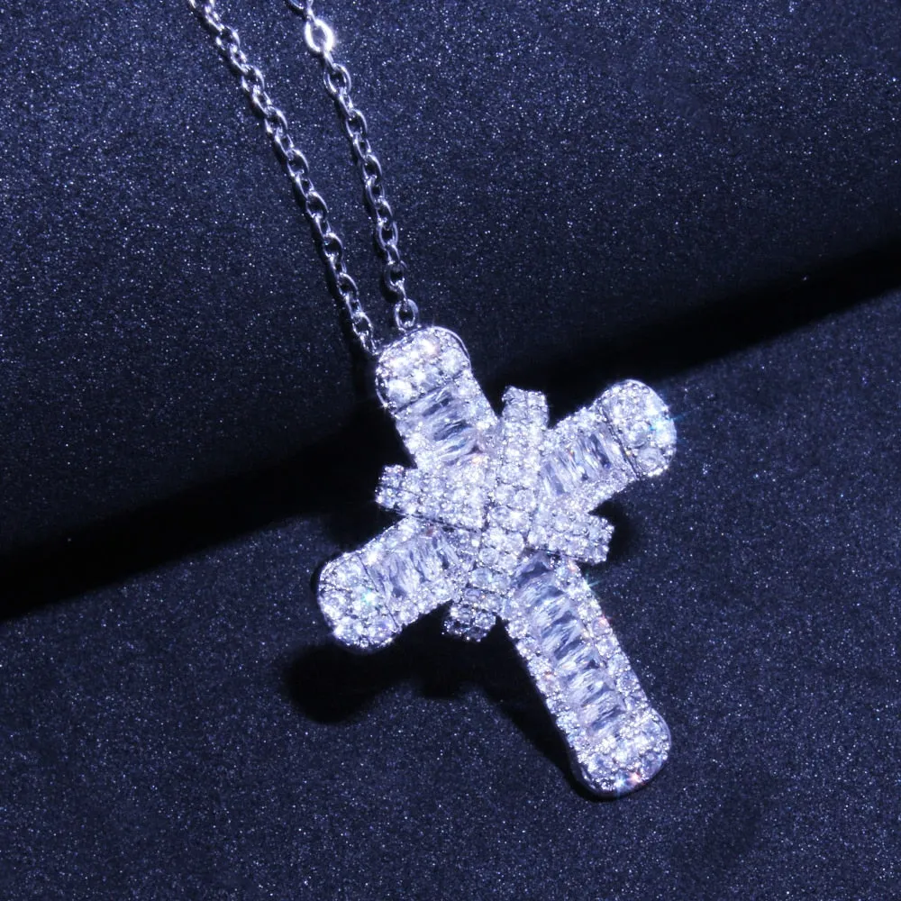 Shiny Silver Plated Cubic Zirconia Cross Necklaces for Christian Women 3