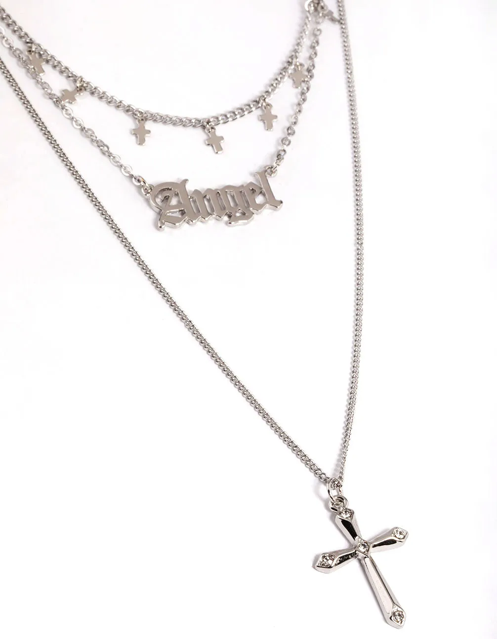 Silver Angel Star Three Row Necklace