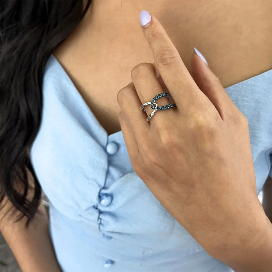 Silver Interlacing Sky Blue Diamond Ring