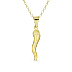 Simple Italian Chili Pepper Horn Amulet Pendant Necklace Gold Plated 18" Chain