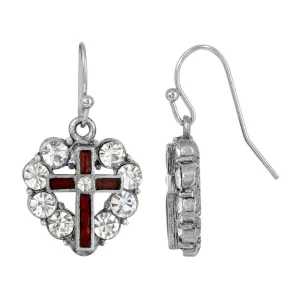 Symbols of Faith Pewter Heart Shaped Crystal Stones & Enamel Cross Earrings