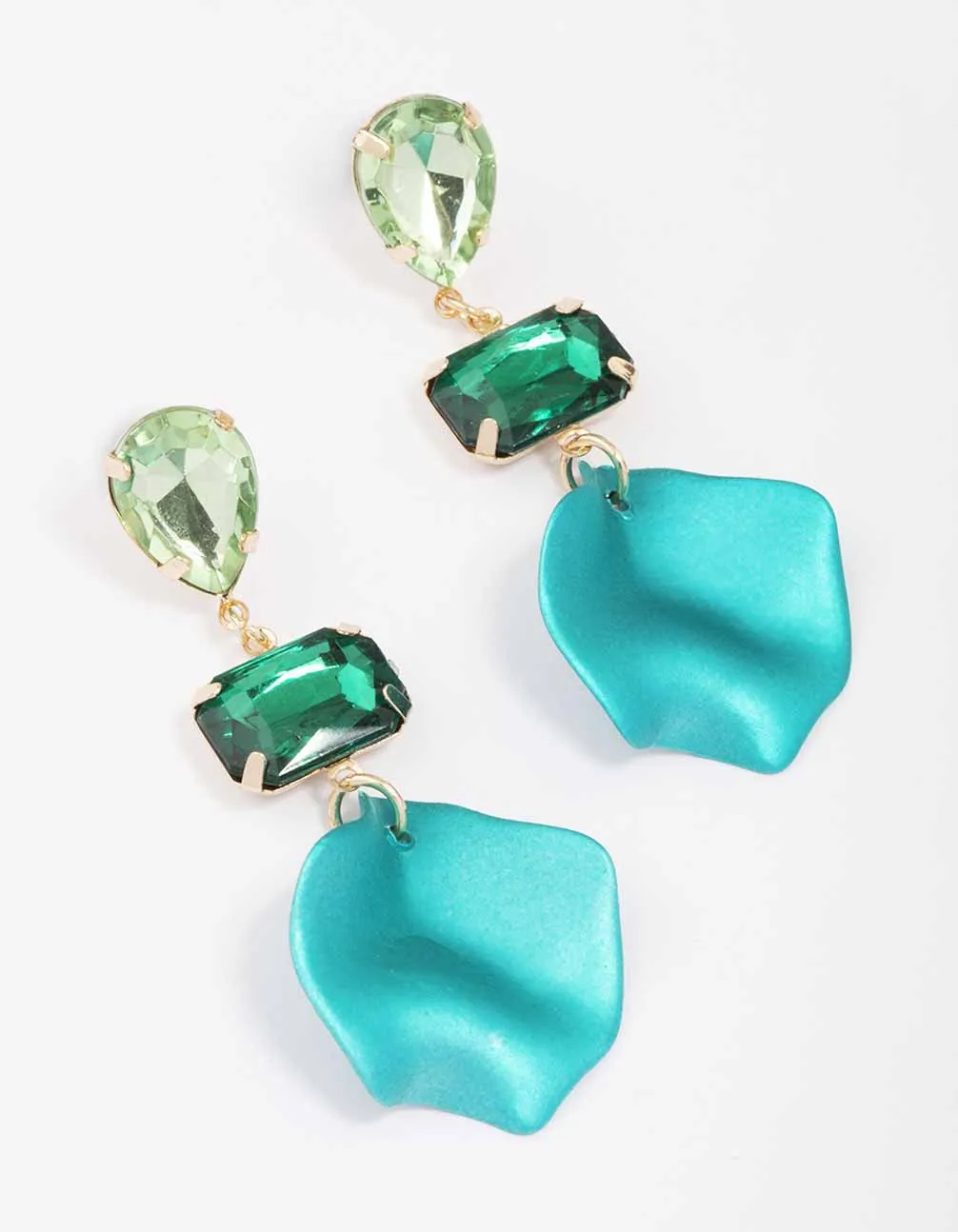 Teal Pear & Rectangle Diamante Petal Drop Earrings