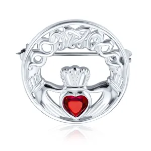 Traditional Irish Celtic Claddagh Brooche Pin with Red Heart CZ Sterling Silver