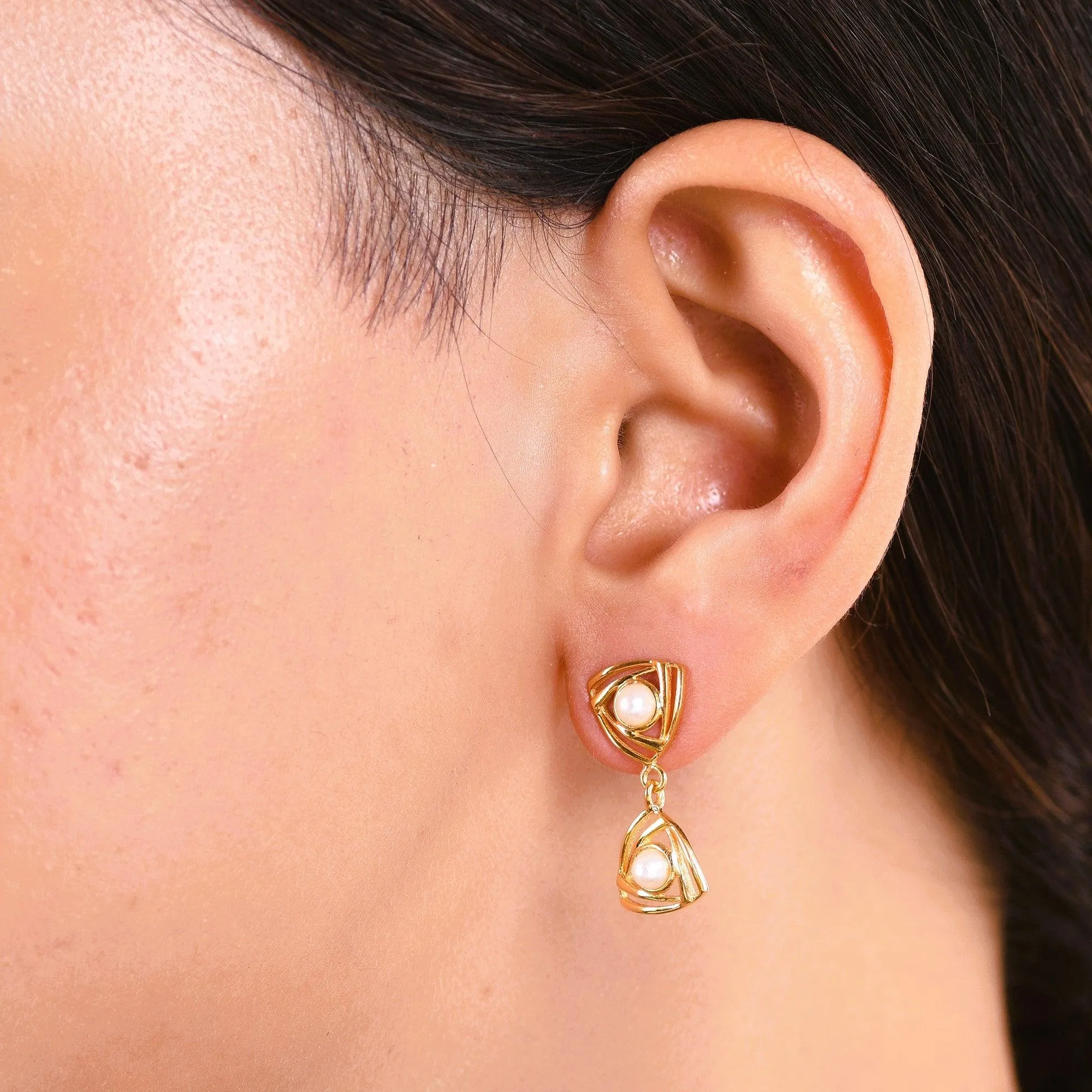 Triangular Dangler Pearl Earring| 925 Silver| Gold Plated - From Purl