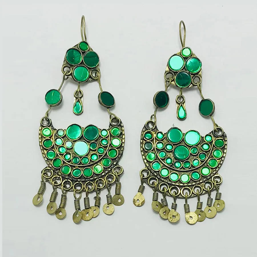 Tribal Glass Stones Earrings With Dangling Tassels