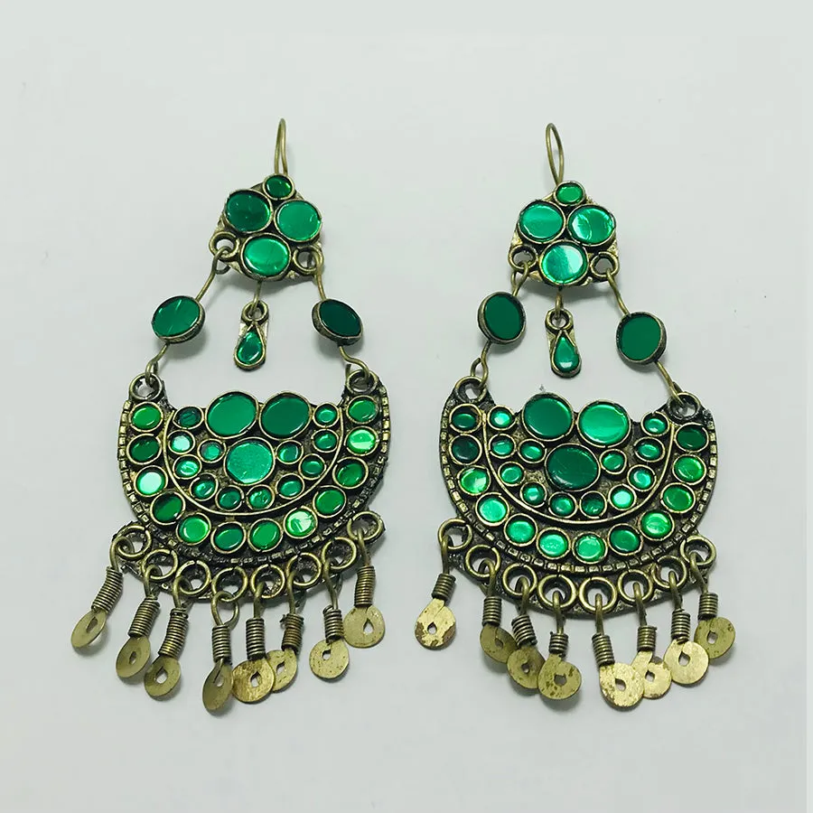 Tribal Glass Stones Earrings With Dangling Tassels