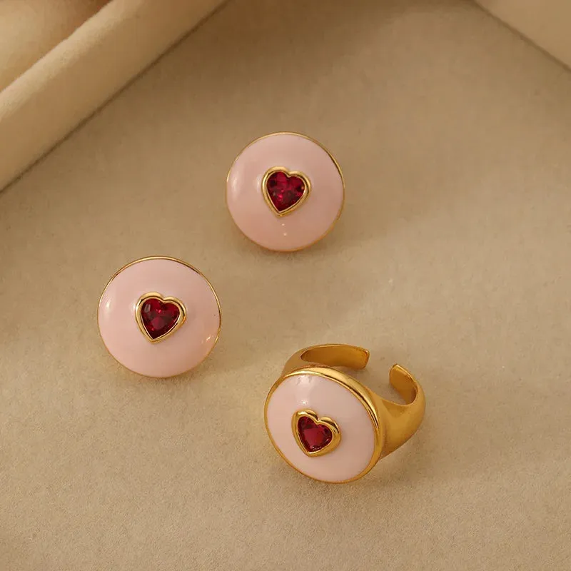 VAIGE Sweetheart Jewelry Set: Adjustable Rings & Round Heart Earrings in Pink, White, and Blue