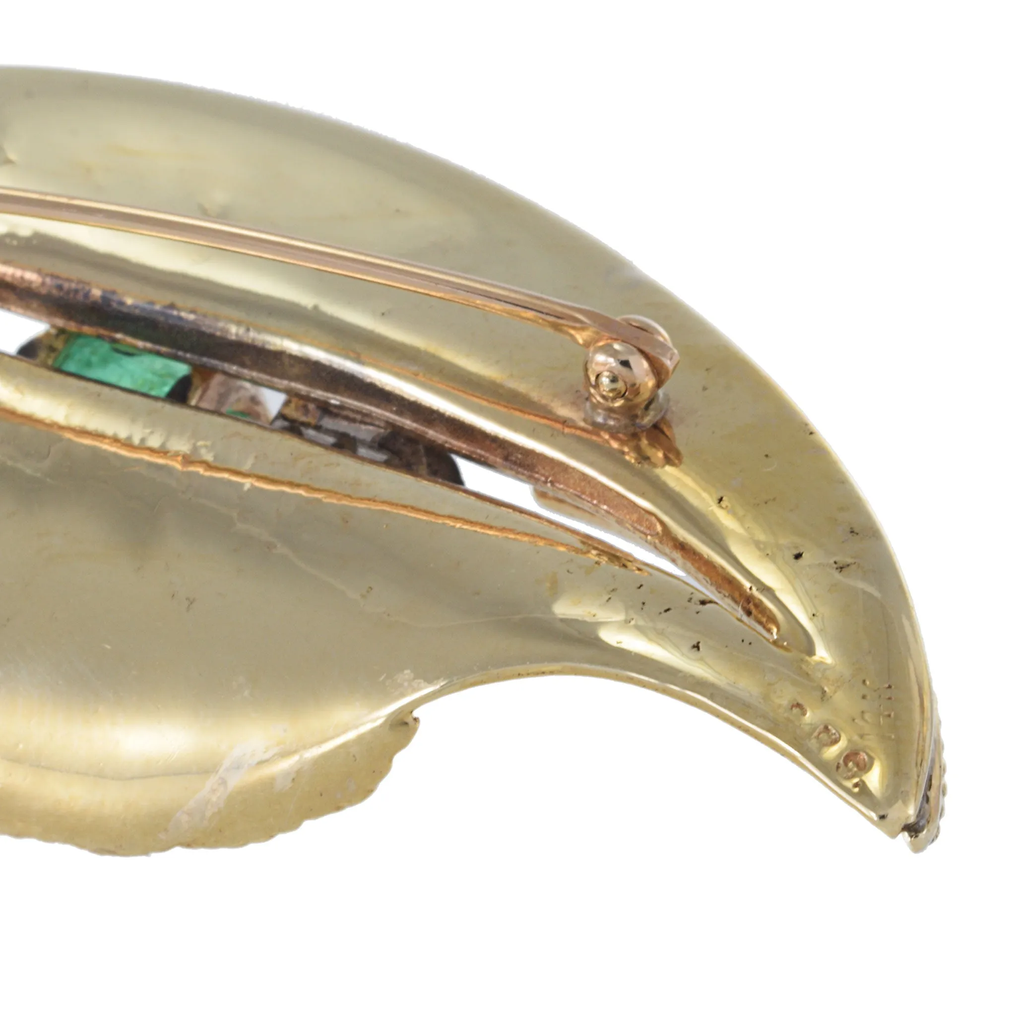 Vintage 1950s 14KT Yellow Gold Emerald And Diamond Leaf Brooch