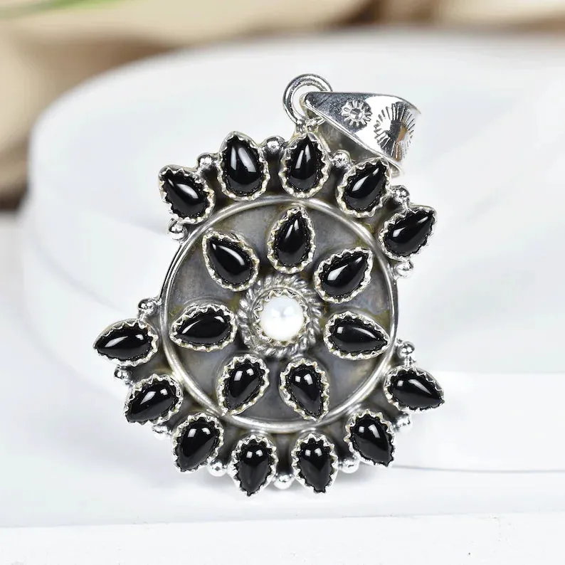 Vintage Rainbow Moonstone & Black Onyx Cluster 925 Sterling Silver Pendant