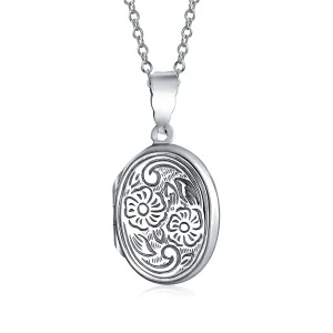 Vintage Style Sunflower Locket Necklace Sterling Silver Oval Pendant for Photos