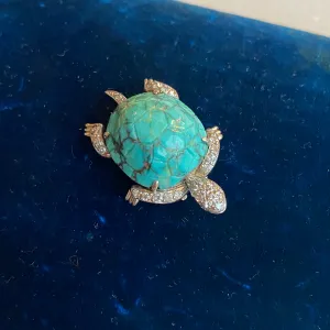 Vintage Turquoise & Diamond Turtle Pin