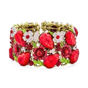 Wide Red Crystal Flower Cuff Bracelet in Oxidized Gold Plating Flexible Design