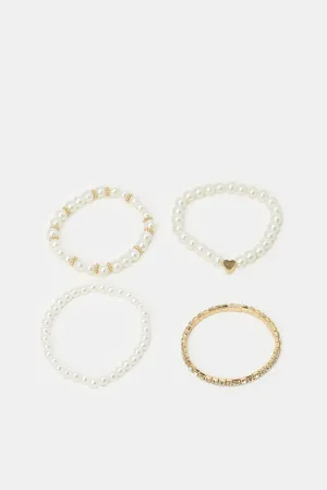 Women White And Gold Pearls Embellished Bracelets (4 Piece)