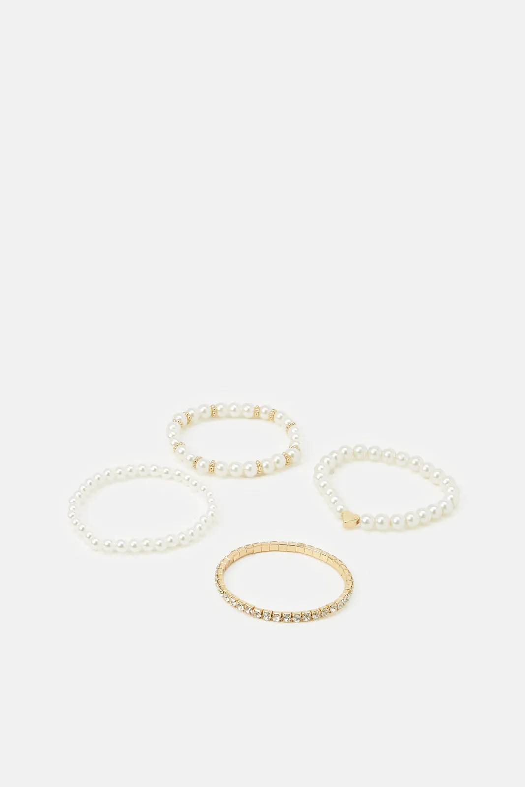 Women White And Gold Pearls Embellished Bracelets (4 Piece)